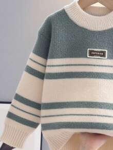 Young BoyStriped Knit Crew Neck Pullover Sweater, New Autumn/Winter Collection - Green - View 6