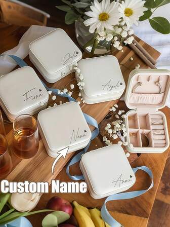1pc Personalized Name Jewelry Box, Customized Beige Bridesmaid Jewelry Box, With Zipper Closure, Lined Fabric, With Compartments, Travel Jewelry Storage Box, Suitable For Bridesmaid Gifts, Birthday Gifts, Thanksgiving, Mother'S Day Gifts, Travel Jewelry Case, Jewelry Box Organizer,Elegant Living,Artful Living