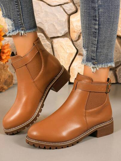 2025 Nuovi stivali in pelle PU per autunno/inverno, stile britannico, stivaletti con tacco spesso e punta tonda, adatti per piedi larghi, si consiglia di scegliere una taglia in più