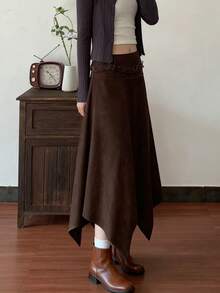 休闲优雅不对称/不对称仿麂皮裙，秋冬 - 咖啡棕 - 查看 5