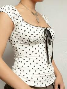 Women's Y2k Lace Trim Polka Dots T Shirt Cap Sleeve V Neck Ruched Bow Tee Crop Tops Streetwear - 白色 - 查看 2