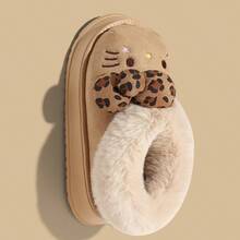 SANRIO KT Cat联名款 - 3D蝴蝶结豹纹软绒踝靴，奢华优雅女士户外雪地靴，保暖女士室内拖鞋，成人女士拖鞋，女士冬季家居鞋 - 淺咖 - 查看 8