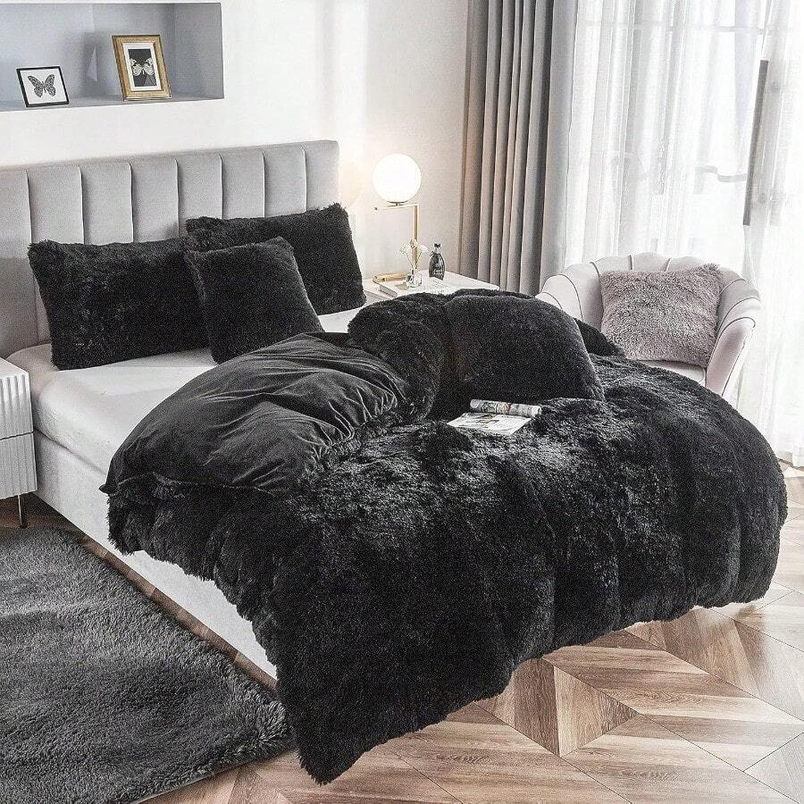 Luxury Fluffy 1PC Solid Duvet Cover Faux Fur Plush Shaggy Quilt Cover Velvet Bedspread Zipper Closure No Pillow Sham No Comforter Black Queen - Black - View 1