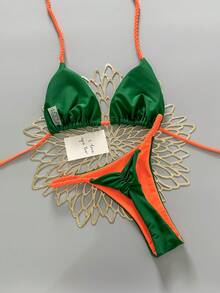 2pcs Bohemian Leopard Print Casual Cute Elegant Sexy Tie-Dye Crochet Contrast Trim Bikini Swimsuit, Beach Holiday, Spring/Summer - Green - View 4