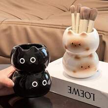 1 pieza Organizador de cerámica apilable con diseño de gato lindo - Multifuncional para brochas de maquillaje, bolígrafos o plantas pequeñas, diseños adorables en negro y beige para escritorio y tocador