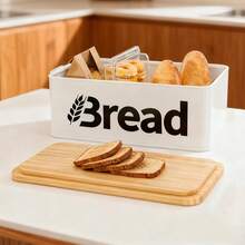 复古金属面包盒 - 厨房收纳佳品，配有竹制密封盖，厨房储物容器，耐用翻盖式食品储藏柜，面包收纳盒 - 彩色 - 查看 5