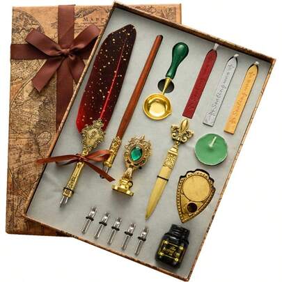 Calligraphy Pen Set With Luxury Vintage Signature Pen Replacement Tip Ink Wax Sticks Melting Spoon Dip Pen Candle Stamp Letter Opener Pen Stand Base Calligraphy Set #81