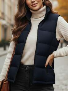 女士羽绒背心无袖拉链外套，秋冬季休闲叠穿外套 - 藏蓝色 - 查看 9