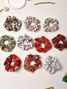 10pcs Christmas Intestine Hair Scrunchies, Soft Ponytail Holders, Cute Printed Elastic Hair Bands, Suitable For Girls, Great For Christmas, Gifts, Friends ,Hair Ties - Multicolor - View 10