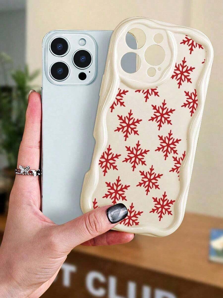 Teléfono a prueba de golpes con estampado de copo de nieve rojo 17 16 15 14 13 12 11 - Linda funda protectora trasera para mujeres y niñas fiesta navideña - Blanco - Ver 1