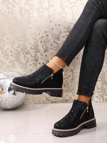 女士踝靴，女鞋冬靴，女士平底鞋，新款踝靴，女士拉链鞋 - 黑色 - 查看 11