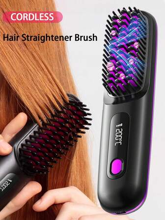 PinkSings Cordless Hair Straightener Brush With LCD Display Temperature Adjustable, Portable Mini Straightening Brush For Travel, Negative Ion Hot Comb For Women Styling Hair Styler, Anti-Scald, Ceramic Coating