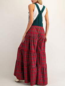 Womens Christmas Plaid Bibs Overalls Casual Loose Sleeveless Adjustable Straps Patchwork Wide Leg Pants Jumpsuit - 綠色 - 查看 5