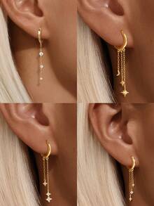 1pc 925 Sterling Silver Sparkling Cubic Zirconia Star Stud Earrings, 18K Gold Plated Tassel Chain Earrings, Minimalist Jewelry Gift - Gold - View 12