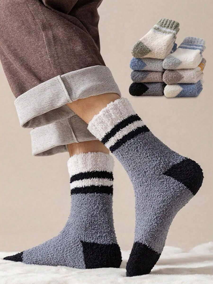 7 قطع/5 قطع/3 قطع/1 قطعة جوارب من الفليس المرجاني للرجال، جوارب متوسطة الطول مبطنة دافئة للخريف/الشتاء، جوارب منزلية كاجوال للاستخدام اليومي والعطلات والحفلات والأوقات الحرة - متعدد الألوان - مشاهدة 1