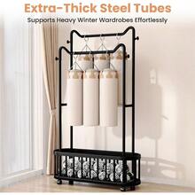 Clothes Rack With Storage Basket 100cm Metal Garment Rack With Double Rods Coat Shoes Racks Clothes Rail Stand Multipurpose Hanger Organizer For Home Bedroom Black - Black - View 4
