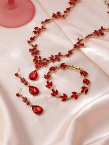 1 Set Elegant Luxury Romantic Floral Teardrop Rhinestone Jewelry Set, High-End Bridal/Wedding/Party Accessories, Intimate Gift - Red - View 5