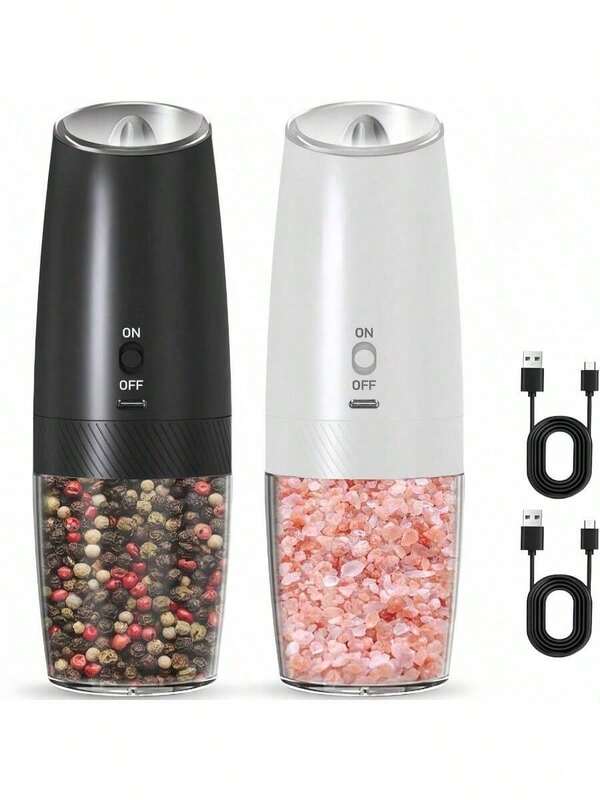 Rechargeable Salt And Pepper Grinder Set Electric, Gravity Electric Salt And Pepper Grinder Set Electric, Salt And Pepper Seasoning Jar Set Electric, Adjustable Coarse, LED Light (Black+White) Kitchen Grinding Tool, Suitable For Home Use