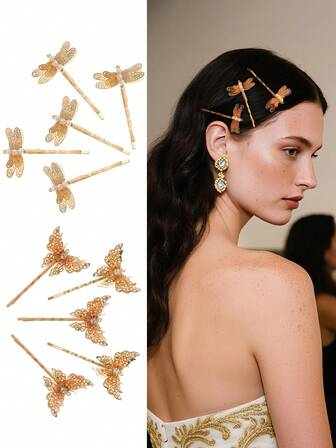 5pcs/Set Gold Dragonfly & Butterfly Hair Clips, Minimalist Hair Accessories, Suitable For Weddings, Parties, Festivals