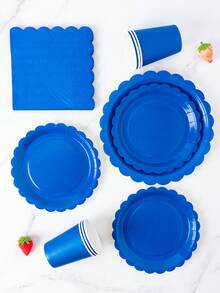 1 Set Of Navy Blue Petal Shaped Disposable Plates, Napkins And Cups, Serves 8 Guests, Suitable For Birthday, Wedding, Party, Family Picnic - Multicolor - View 5
