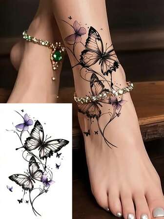 1 Piece Of Realistic Butterfly Tattoo Sticker - Waterproof And Non-Reflective, Easy To Apply And Remove, Butterfly Tattoo Sticker, Special For Women's Arms And Legs, Purple And Black Design - Temporary Tattoo Sticker, Music Festival Party Decoration, Butterfly Pattern, Fine Wing Details, Ink, Fashionable Accessory, A Must-Have For Music Festival , Unisex
