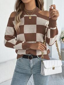 Women's Cold Shoulder Plaid Sweater Fall Winter Color Block Long Sleeve Round Neck Vacation Knit Cabin Core - Coffee Brown - View 4