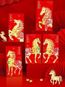 6/12/18/24/30pcs Chinese New Year Lucky Horse Red Envelopes - 6 Unique Designs With Golden Foil, Festive Paper Bags For Celebrations, Ideal For Gifting And Festive Occasions, Festive Gift Bags|Decorative Envelopes|Paper Envelopes, For Lunar New Year, Wedding, Birthday