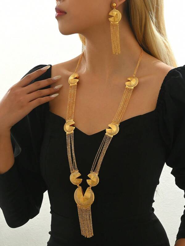 3pcs/Set Fashionable Minimalist Hollow Circle Tassel Necklace & Earrings Jewelry Set For Women, Suitable For Dates And Parties