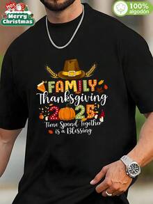 Camiseta  Día de Acción de Gracias Familia 2025 100% Algodón 220g para Celebraciones de Acción de Gracias y Reuniones Familiares con Diseño Festivo Calabaza, Sombrero y Letras Moda Festiva Acción de Gracias 2025 para Hombres Familiares que Quieren Celebrar Juntos Camiseta Algodón Negra,playera de hombre,regalos para tu novio,ropa de hombre,hombre curvy. - Negro - Ver 1