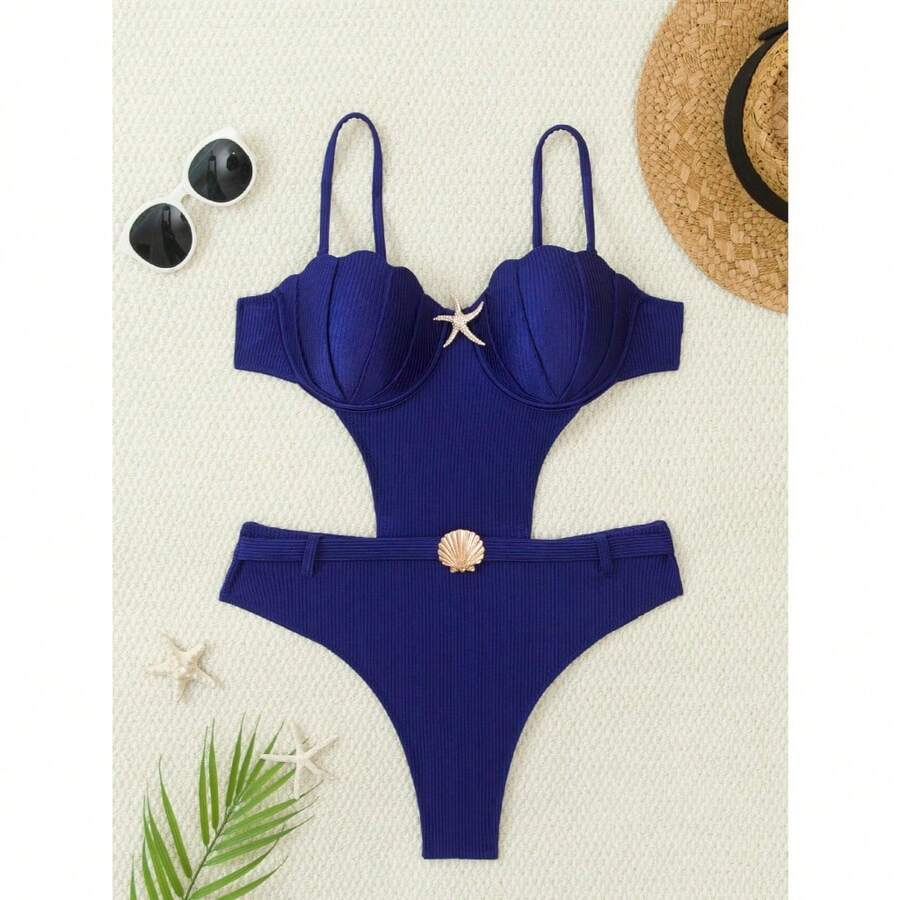 RWX VEST Women's Adult Swimsuit With Padded Cups And Gold Details – Luxury Shell Model Beach Style 2025 XX362 - Màu xanh hải quân - Xem 1