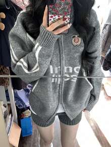 Women's Turndown Collar Zip-Up Cardigan Sweater, New Arrival, Korean Style, Loose Fit, Knitted Jacket, Autumn