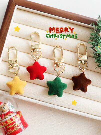 4个可爱圣诞小礼物植绒3D星星包包挂件钥匙扣拉链装饰