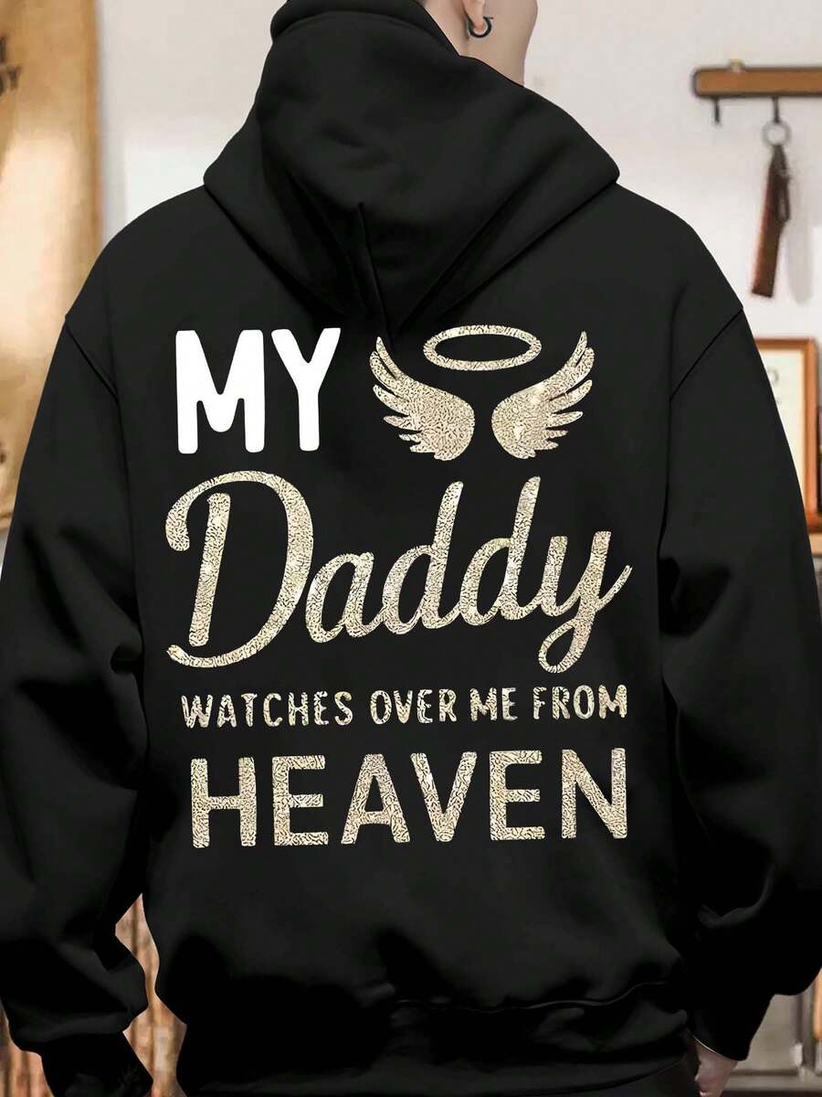 My Daddy Watches Over Me From Heaven Hoodie Angel Wings Design Black Sweatshirt For Men Women Unisex Memorial Gift Dad Remembrance Apparel - 黑色 - 查看 1