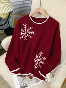 Suéter de punto casual con cuello redondo y estampado de copos de nieve rojos navideños para mujer