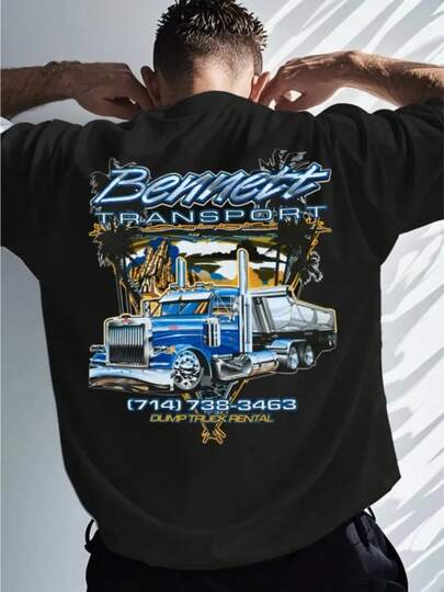 Camión de Transporte Camiseta de Algodón 100%, Esencial para Hombres - Manga Corta Redonda Suave y Cómoda con Estampado de Palabras en la Espalda, Moda de Ropa de Calle Hip Hop, Parte Superior de Moda Casual para Todas las Estaciones, Camiseta de Vestimenta Casual, Regalo para Amigos