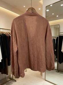 Bohemian Breathable V-Neck Linen Shirt For Women Loose Lantern Sleeve Vintage Style Casual Top - 棕色 - 查看 3