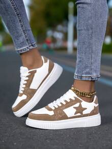 Couples Shoes Size 36-45, Women's Fashion Sneakers, Breathable Casual Shoes, Women's Lace-Up Flat Shoes, Men's Skateboard Shoes, Brown & White Color Block Women's Shoes, Men's Low-Top Tennis Shoes, Casual Outdoor Training Shoes, Fashionable Star Women Shoes - Chocolate Brown - View 7