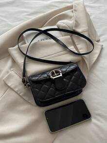 1pc Black PU Elegant Minimalist Diamond Quilted Sophisticated Hardware Flap Crossbody Saddle Bag, Suitable For Women's Work, Daily Life, Commuting, Social Gatherings, Business, Shopping, Fits Phone, Wallet, Lipstick, Keys, Tissue, Pouch, Fashionable Accessory - Black - View 9