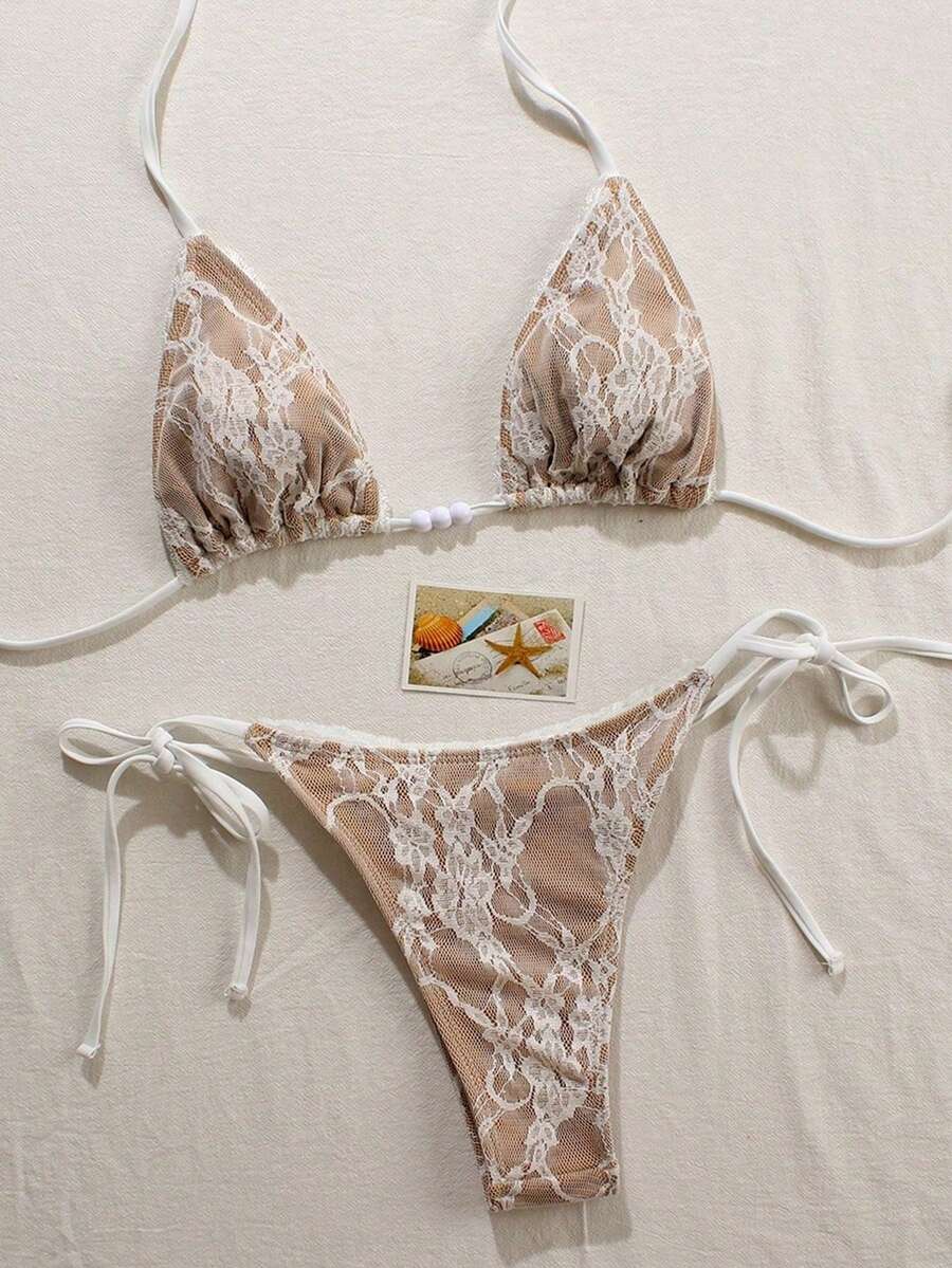 新款春夏性感休闲优雅白色蕾丝时尚女士派对、海滩、约会、聚会、比基尼泳装度假装 - 白色 - 查看 1