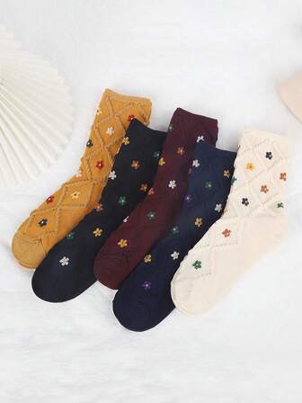 5 pares de calcetines de media caña con estilo universitario, con diseño de rombos en relieve, para otoño/invierno