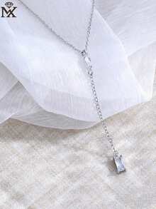 1件925纯银水滴形和方形钻石组合吊坠项链，优雅饰品，适合日常佩戴