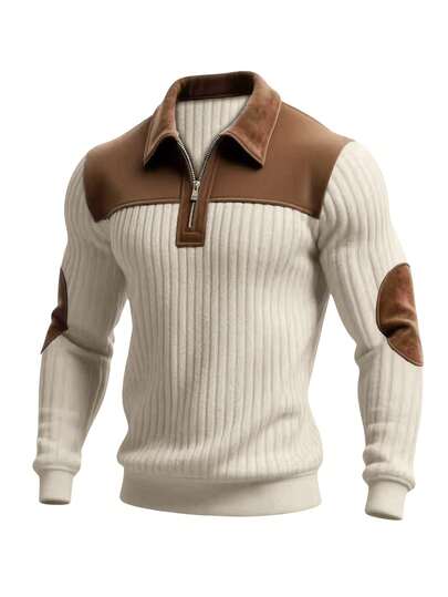 Men's Contrast Color Design Casual Stand Collar Pullover - White Ribbed Brown Splice, Thick Warm Pullover, Stand Collar Zipper Design, Suitable For Casual, Fashion, Simple, Versatile Outings And Commuting Long Sleeve Personalized Pullover