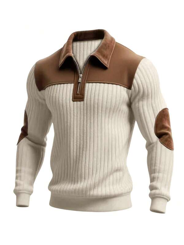Men's Contrast Color Design Casual Stand Collar Pullover - White Ribbed Brown Splice, Thick Warm Pullover, Stand Collar Zipper Design, Suitable For Casual, Fashion, Simple, Versatile Outings And Commuting Long Sleeve Personalized Pullover