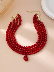 1 chiếc vòng cổ ngọc trai nhiều lớp phong cách Baroque Pháp cổ điển, thích hợp cho trang phục hàng ngày, tiệc tối, quà tặng của phụ nữ - Đỏ - Xem 3