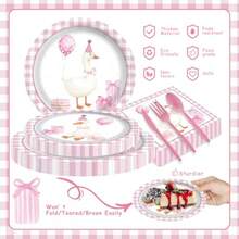 D168Pcs One Silly Goose Birthday Deco Girls Silly Goose Plates Napkins Party Plies Gingham Baby Shower Paper Cup Disposable Pink Forks Goose Tableware Set Serves 24 - 粉色 - 查看 3