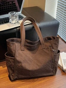 Koreanischer & japanischer Stil karierter kaffeebrauner Shopper, minimalistischer Damen-Handtasche mit Mehrfachtaschen und großer Kapazität, mit Reißverschluss, faltbar, geeignet für täglichen Gebrauch, Lässig, Schule, Uni