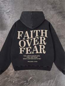 Men's Fashionable Autumn Washed Distressed Pocket Hoodie, Men's Vintage Washed Hooded Sweatshirt With Faith Over Fear Back Print - Y2K Streetwear Oversized Pullover, Pink & White Retro Lettering, Hip-Hop Campus Style, Loose Fit Casual Sweater For Men, All-Season Comfort, Machine Washable, Cordless Design With Front Pocket, Double-Sided Print, Relaxed Fit For Parties & Casual Attire, Sweatshirt For Men, Hoodie, Plus Size Hoodies For Men, Hoodie Jacket For Men, Thick Hoodies For Men - Street Fashion Outerwear - 煙灰黑 - 查看 3