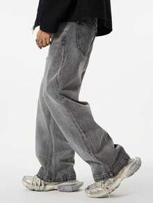Grey Casual Wide Leg Washed Denim Jeans, Versatile All Season