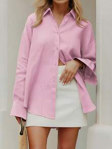 Ny höstmode Långärmad skjorta med knappar Camisa Manga Larga Fina toppar och blusar för kvinnor - Rosa - Visa 2