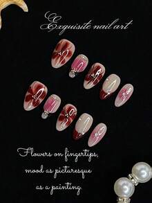 Uñas postizas hechas a mano de forma de almendra, uñas postizas hechas a mano con patrón de gradiente teñido anudado de lujo, uñas postizas hechas a mano con patrón hexagonal de talla floral tropical 3D - Multicolor - Ver 10